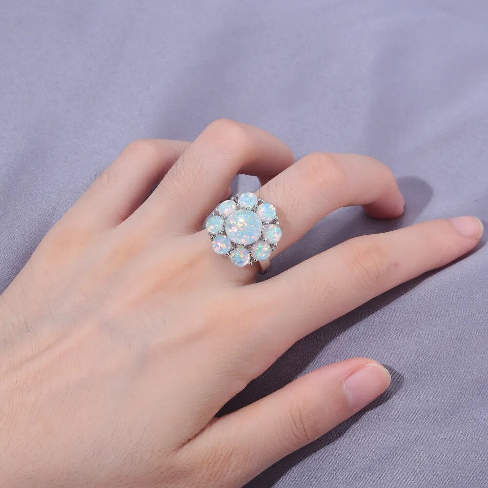 Spiritual Flower White Fire Opal Silver Plated Ring