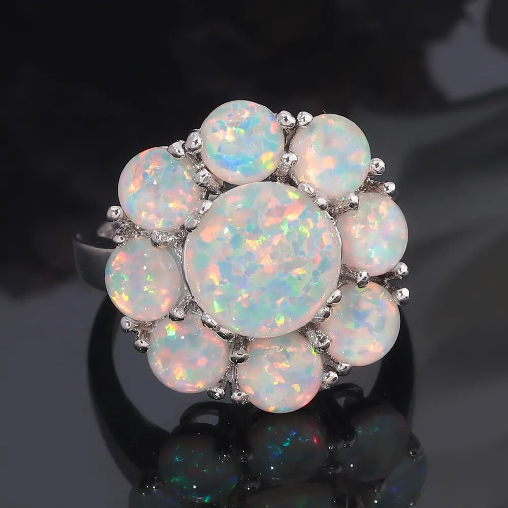 Spiritual Flower White Fire Opal Silver Plated Ring