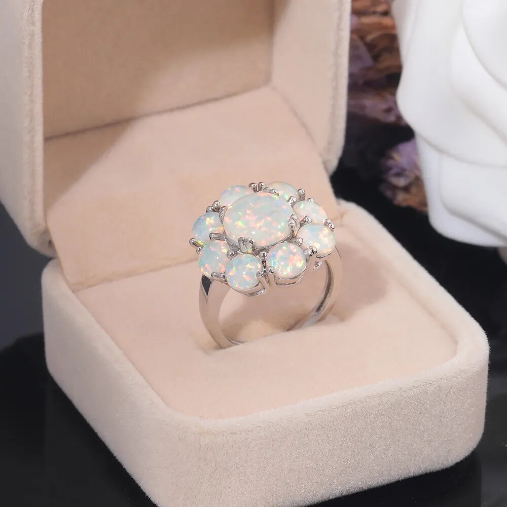 Spiritual Flower White Fire Opal Silver Plated Ring
