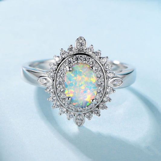 Luxury White Fire Opal Sterling Silver Ring