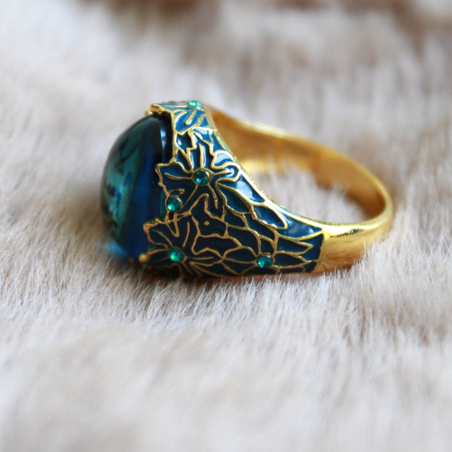 Elegant Sapphire Enamel Flower Ring