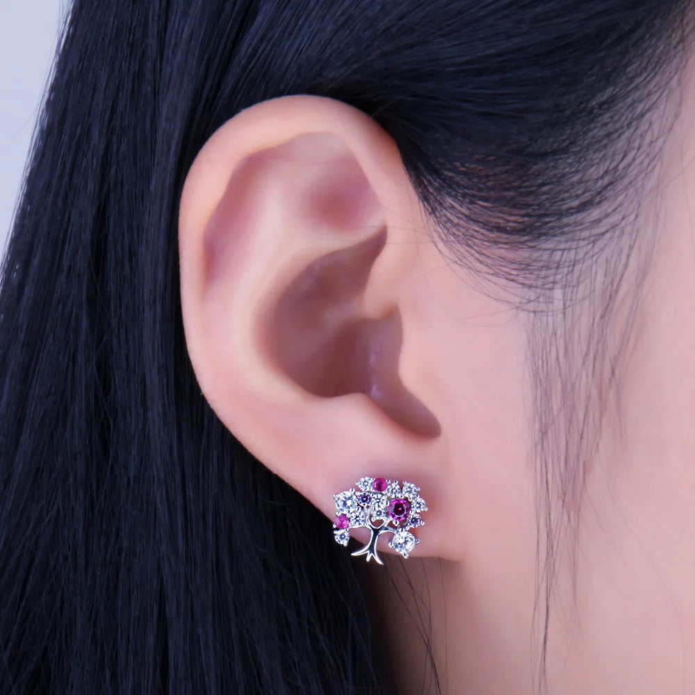 Tree Of Life Ruby Silver Earrings