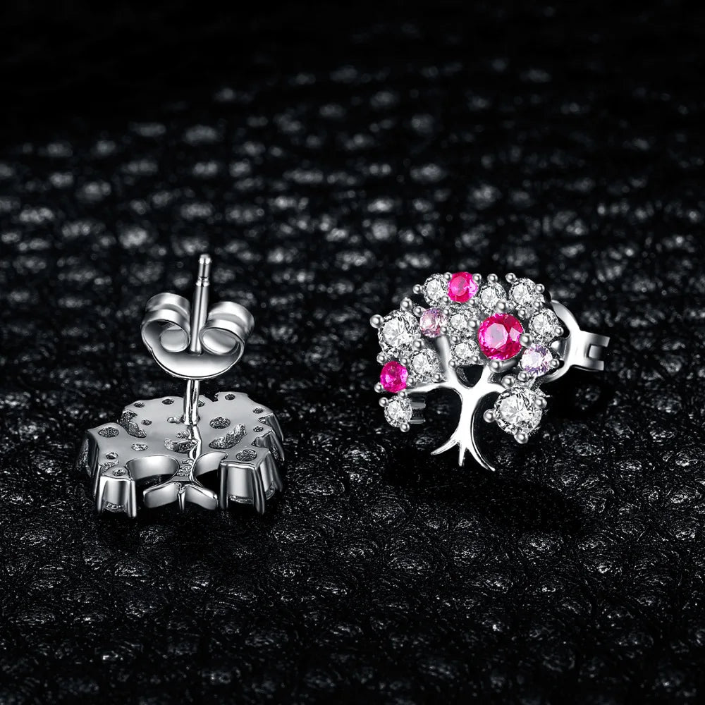 Tree Of Life Ruby Silver Earrings