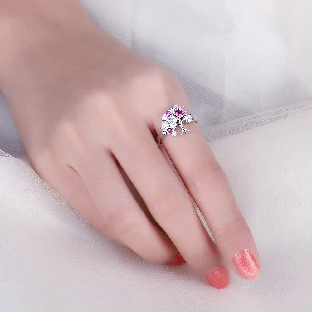 Tree Of Life Ruby Silver Adjustable Ring