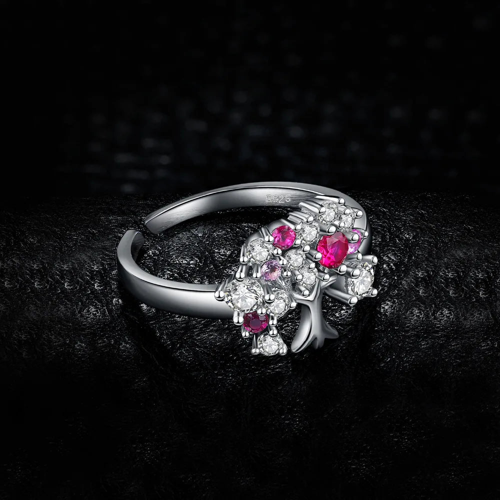 Tree Of Life Ruby Silver Adjustable Ring
