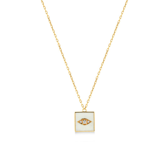 Weiße quadratische Halskette mit bösem Blick aus 24 Karat Gold Vermeil