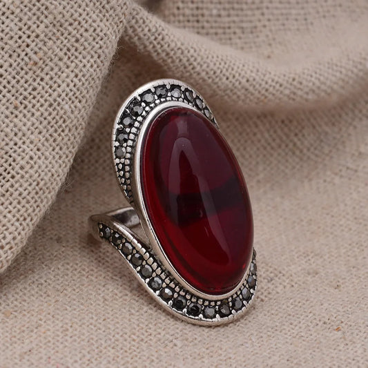 Retro Garnet Stone Adjustable Silver Ring