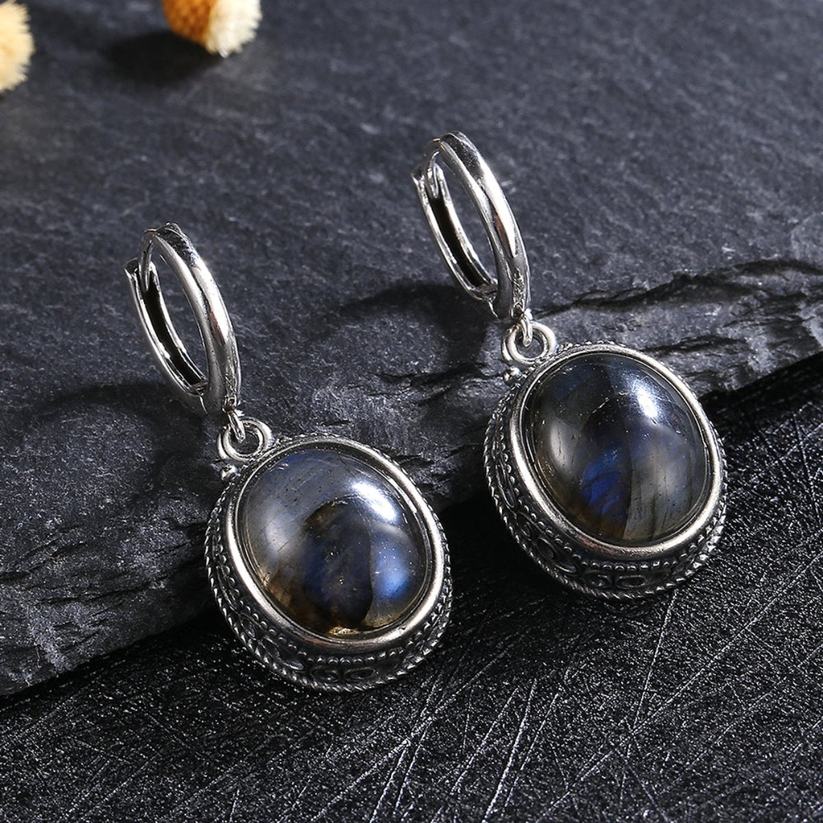 Vintage Natural Stone Oval Hoop Earrings
