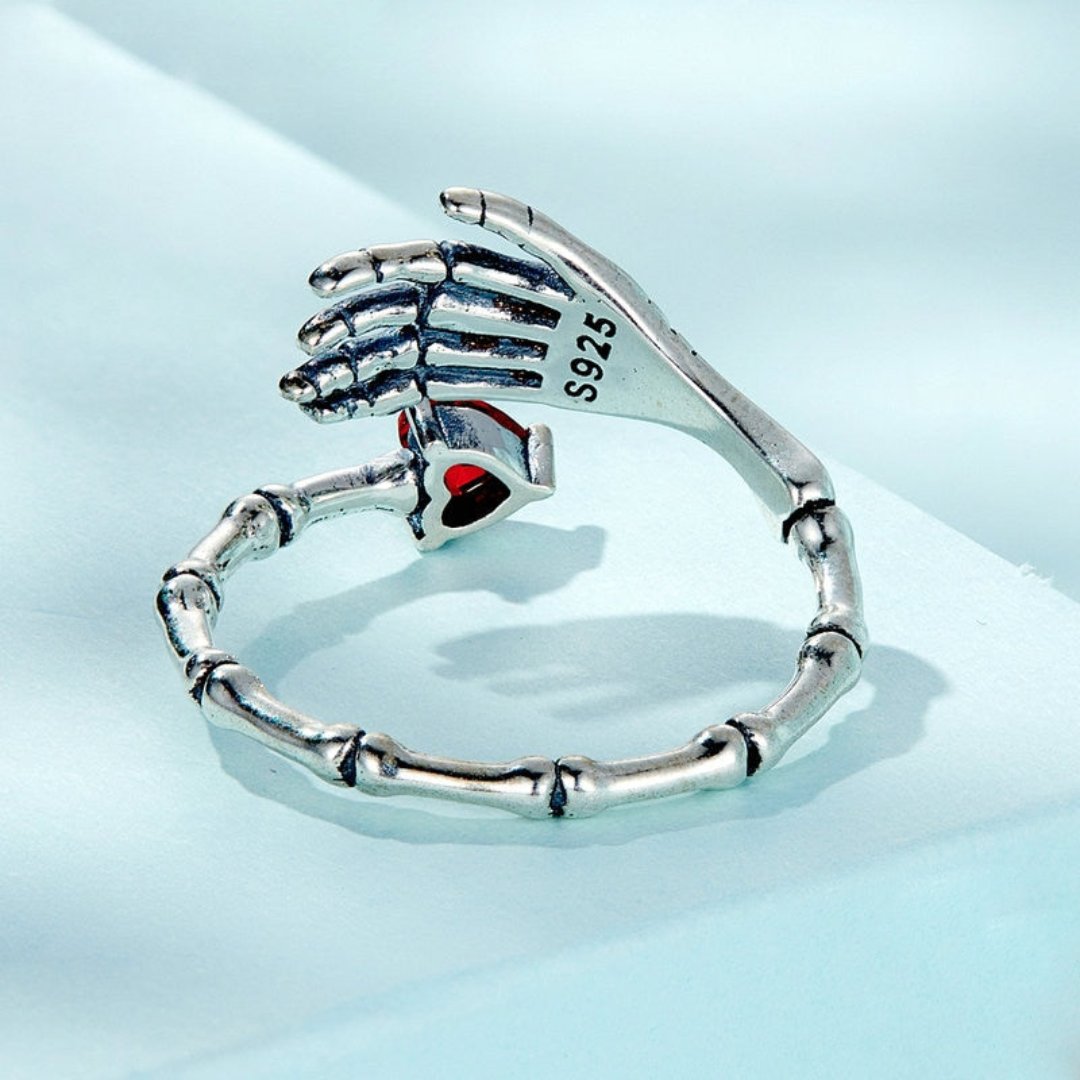 Skull Hand & Skull Rose Silver Adjustable Ring