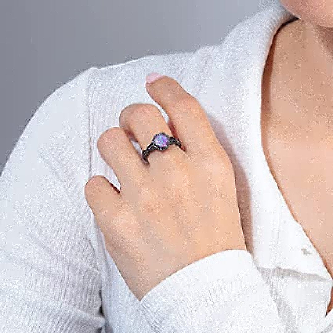 Flower Opal Zirconia Black Ring