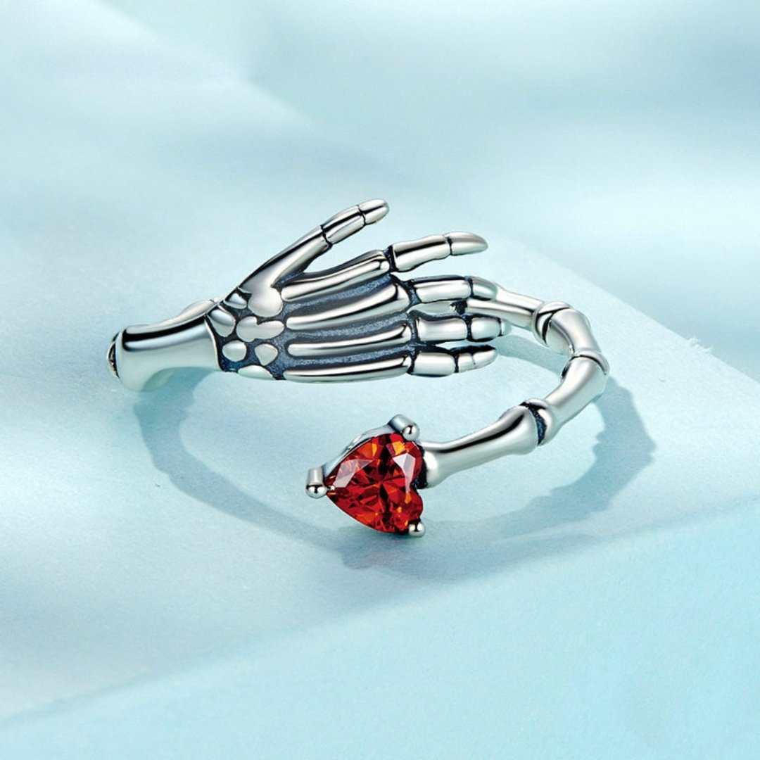 Skull Hand & Skull Rose Silver Adjustable Ring