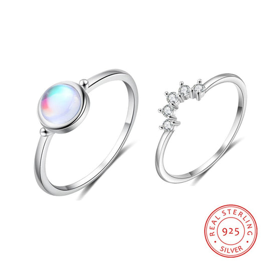 Glowing Minimalist Moonstone Silver Ring Set