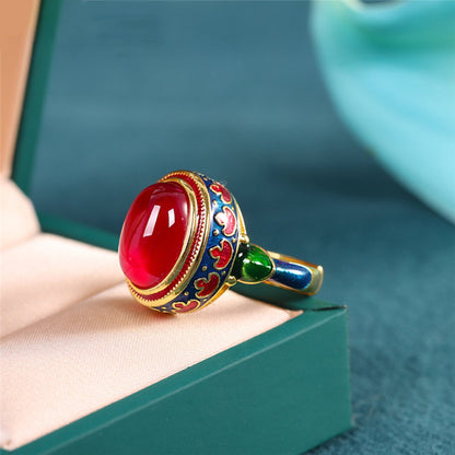 Verstellbarer Vintage-Ring mit rotem Korund und Vergoldung