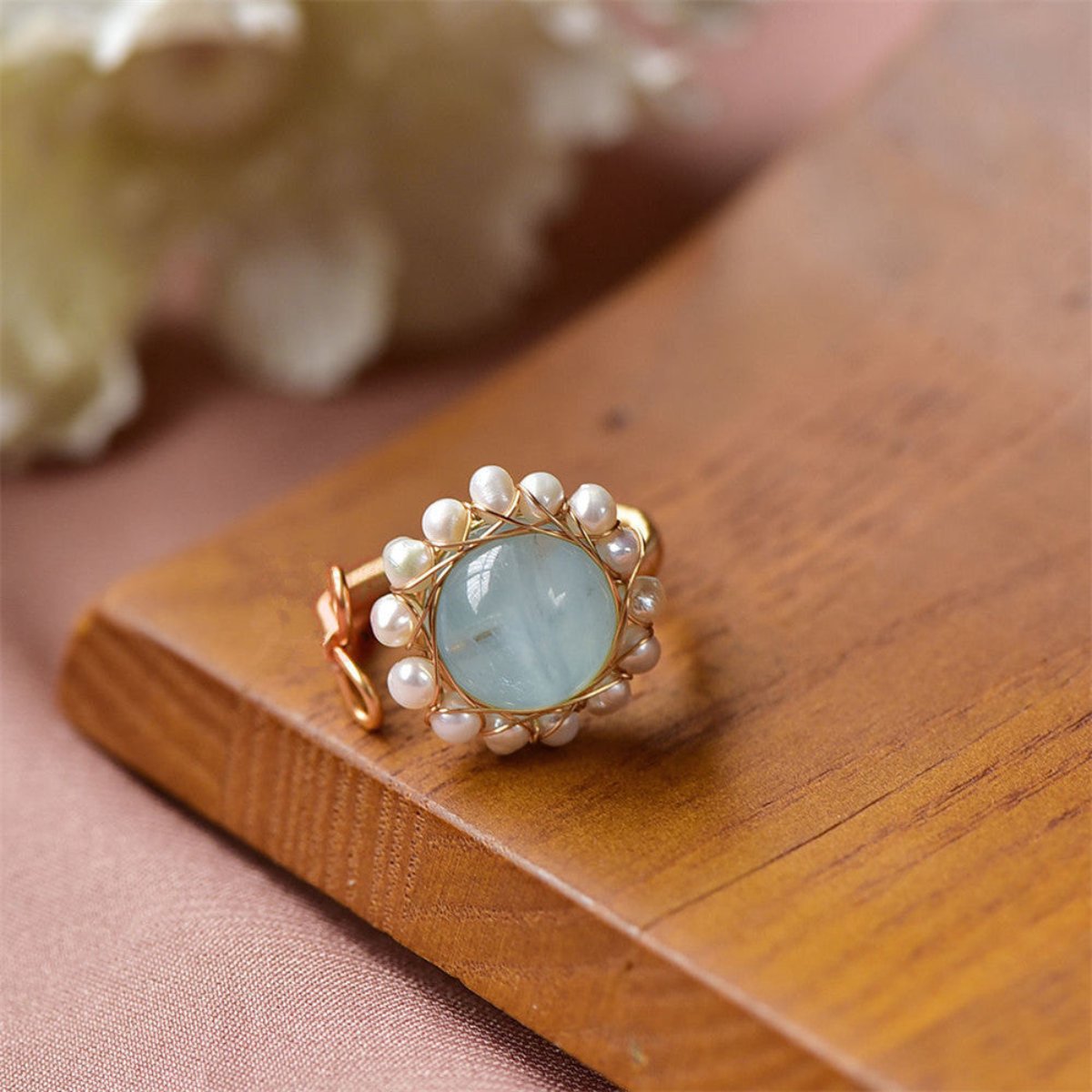 Vintage Aquamarine 14K Gold Plated Adjustable Ring