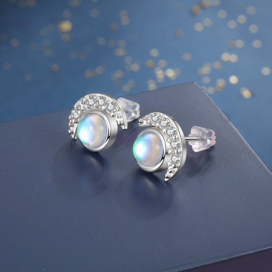 Glowing Crescent Moonstone Silver Earrings