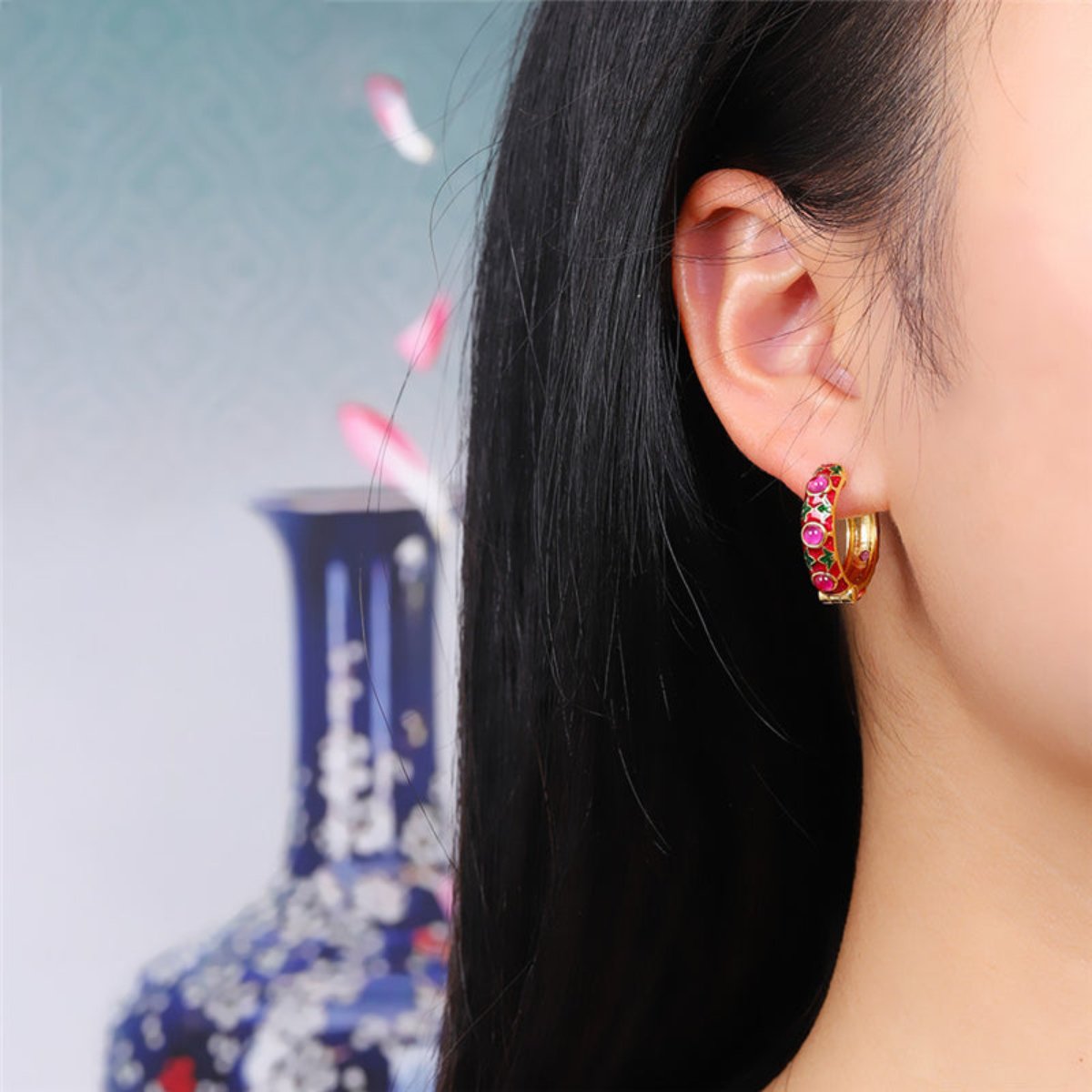 Elegant Red Corundum Gold Plated Earrings