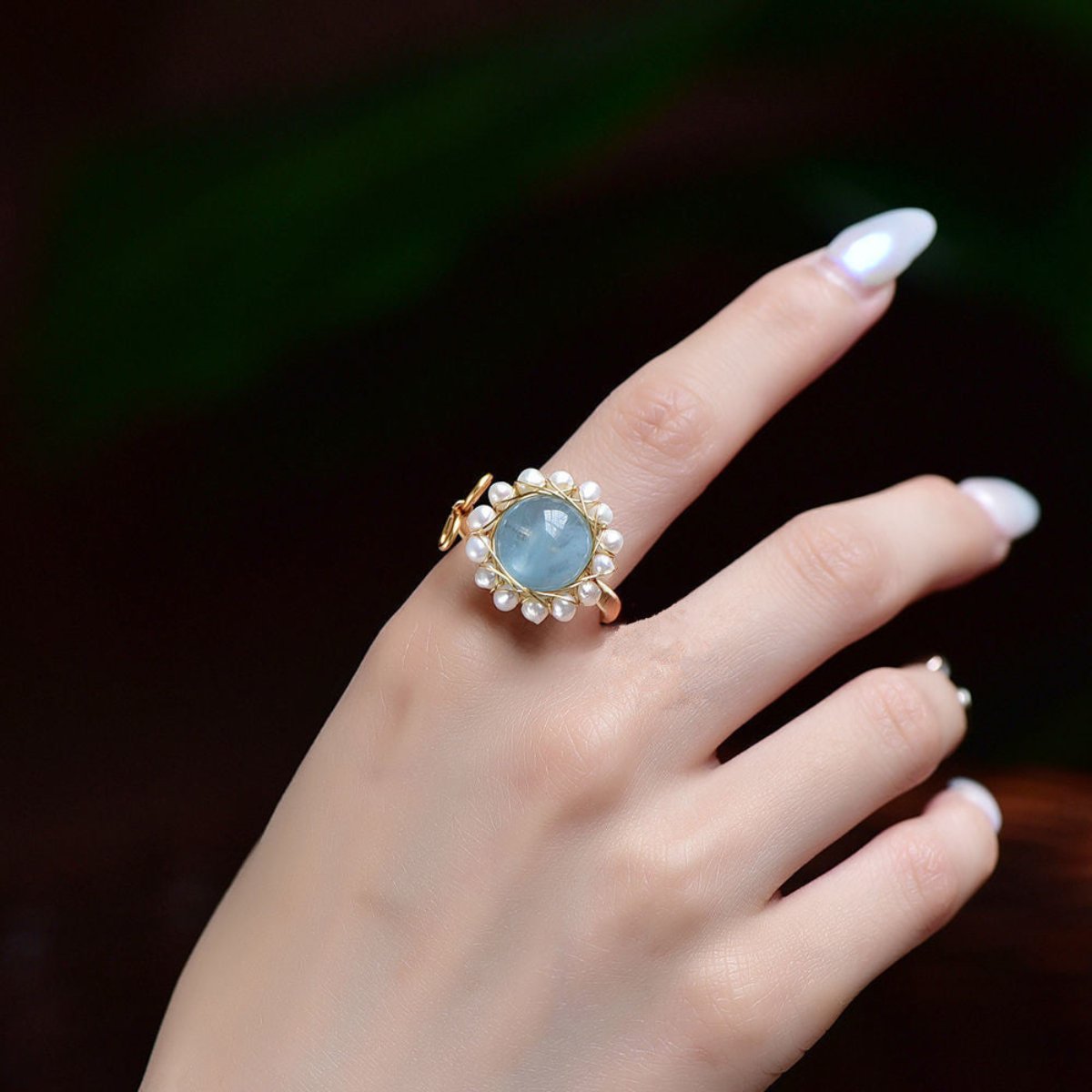 Vintage Aquamarine 14K Gold Plated Adjustable Ring