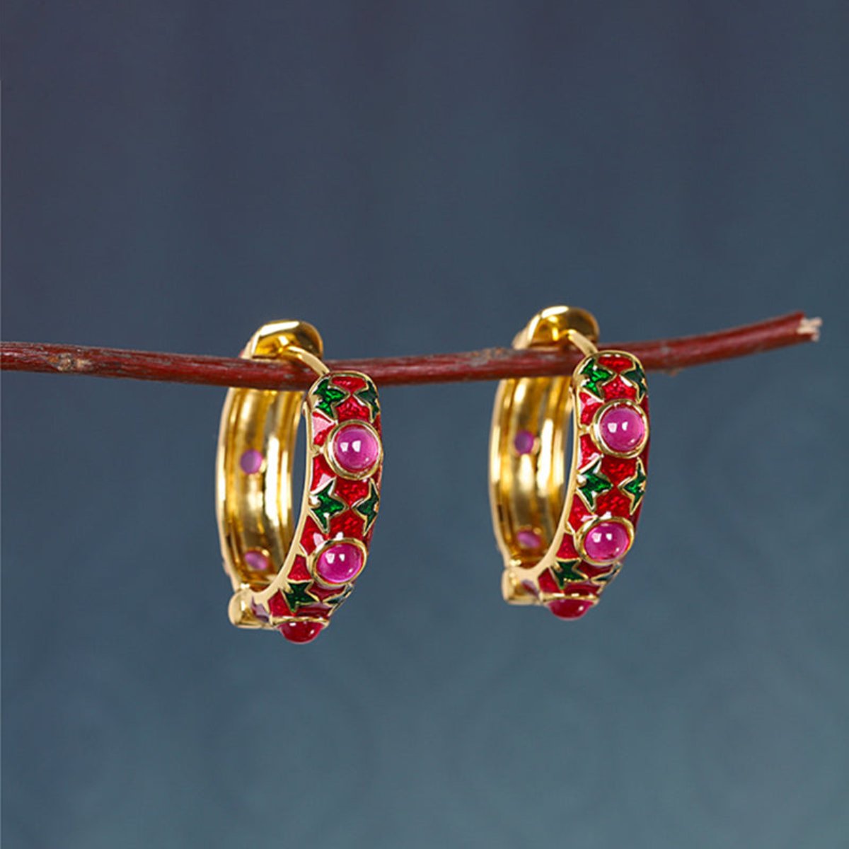 Elegant Red Corundum Gold Plated Earrings