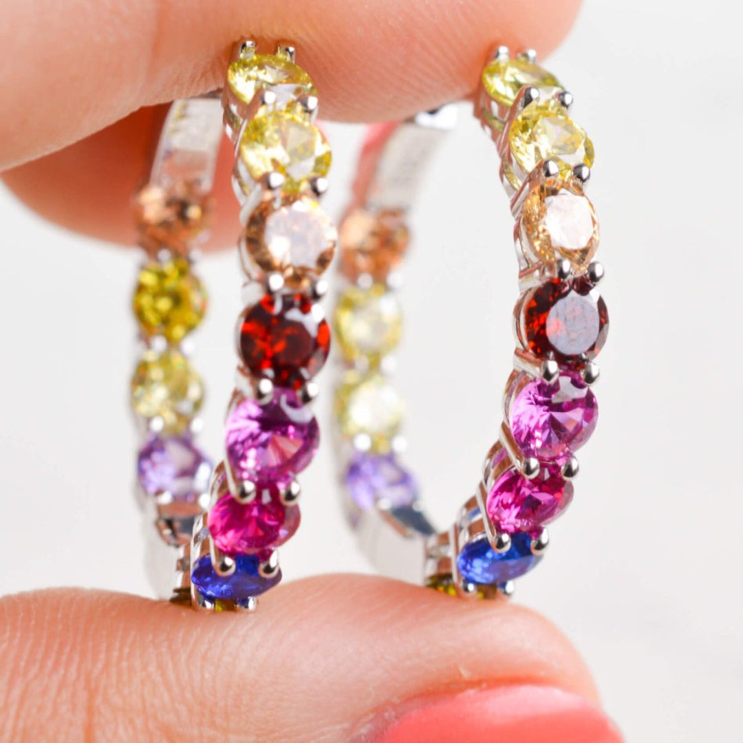 Colorful Zirconia 925 Sterling Silver Hoop Earrings
