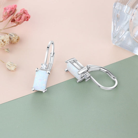 Geometric White Fire Opal Silver Earrings