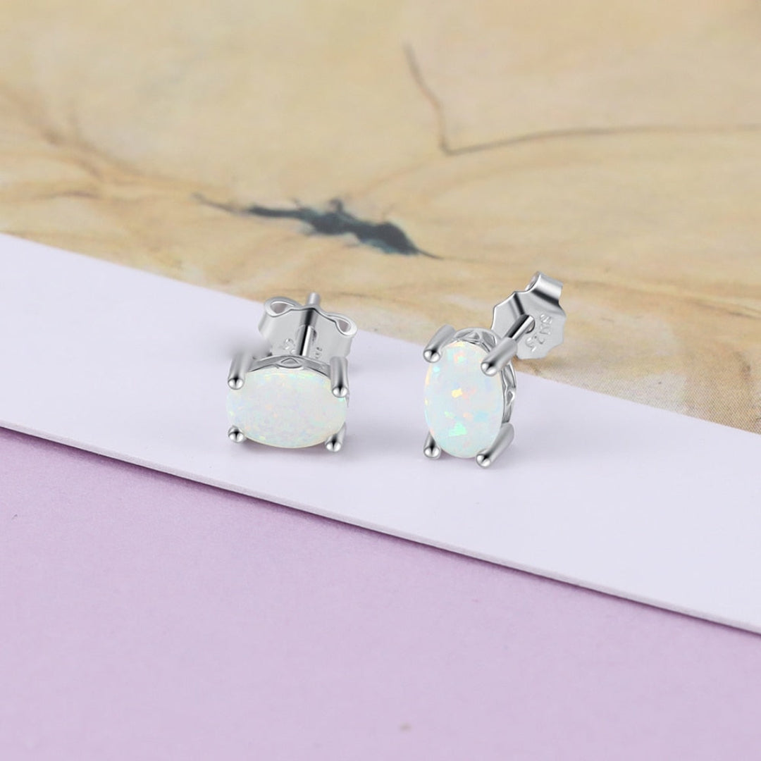 Chic Oval Fire Opal Silver Stud Earrings
